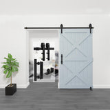 8 ft./96 in. Black Steel Bent Strap Sliding Barn Door Track and Hardware Kit with 12 in. Square Handle and Floor Guide - Super Arbor