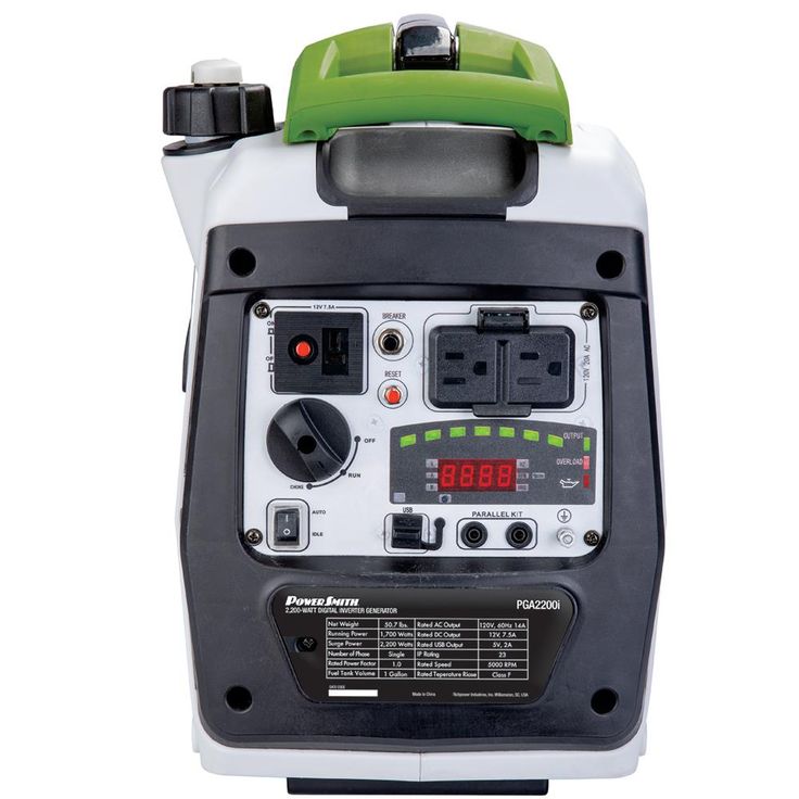 PowerSmith 2200-Watt Portable Gas-Powered Digital Inverter Generator with 5 Outputs, LED Display, Pull Handle and Wheels