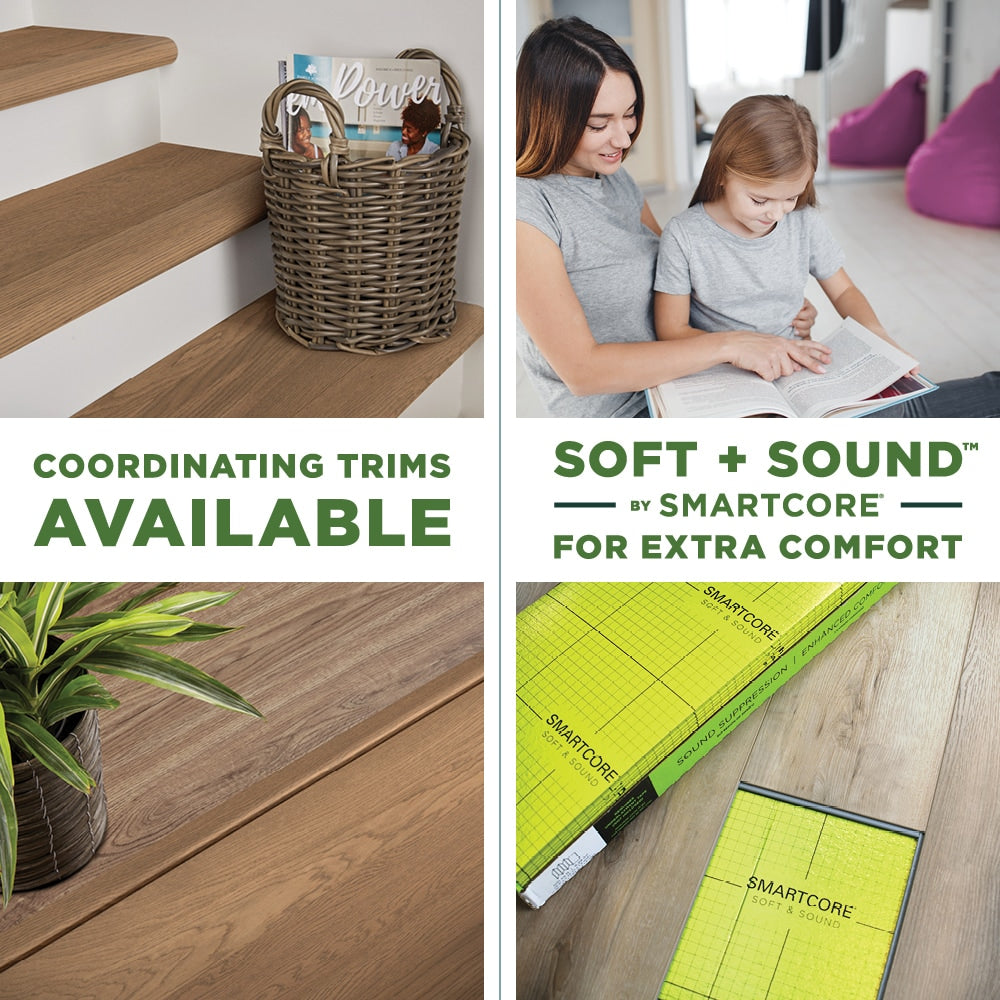 SMARTCORE Oak Golden Hour hardwood flooring — carton and plank detail