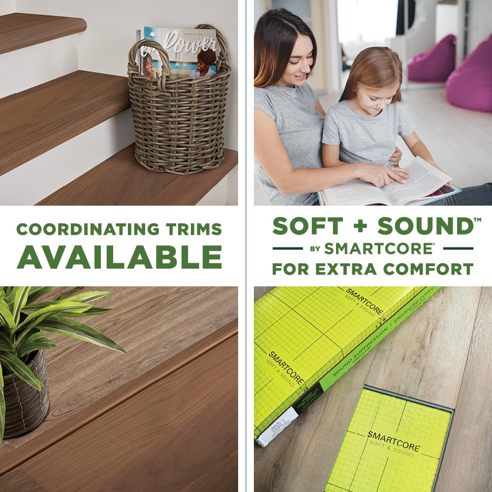 SMARTCORE Walnut Caribou hardwood flooring — carton and plank detail