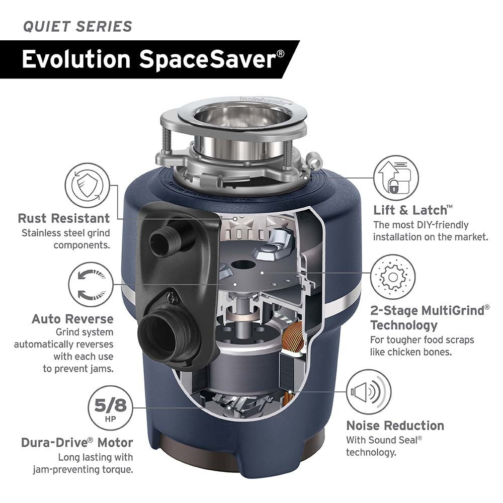 InSinkErator Evolution SpaceSaver 5/8-HP Continuous-Feed Garbage Disposal, SoundSeal, MultiGrind, 34.6-oz