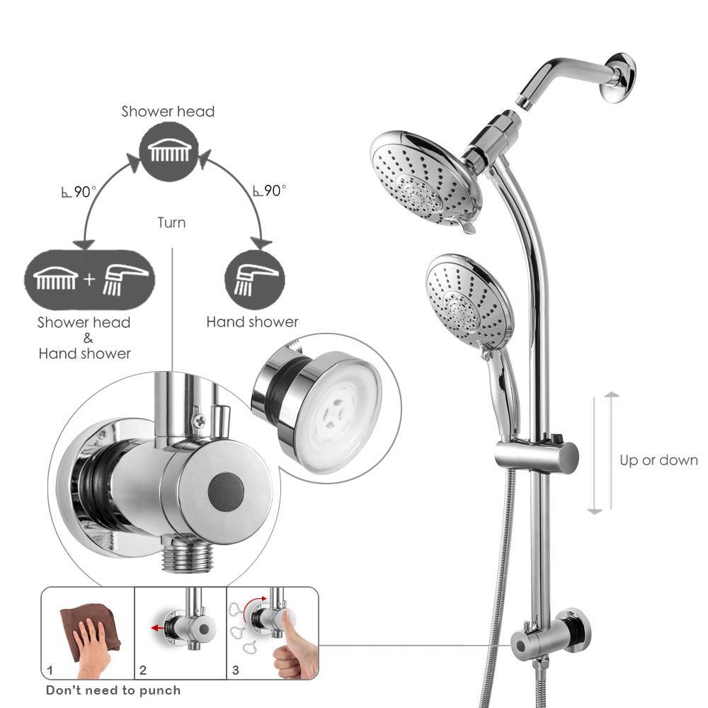 5-Spray Patterns 5 in. Wall Mount Dual Shower Heads with Adjustable Slide Bar and Stainless Steel Hose in Brushed Nickel - Super Arbor