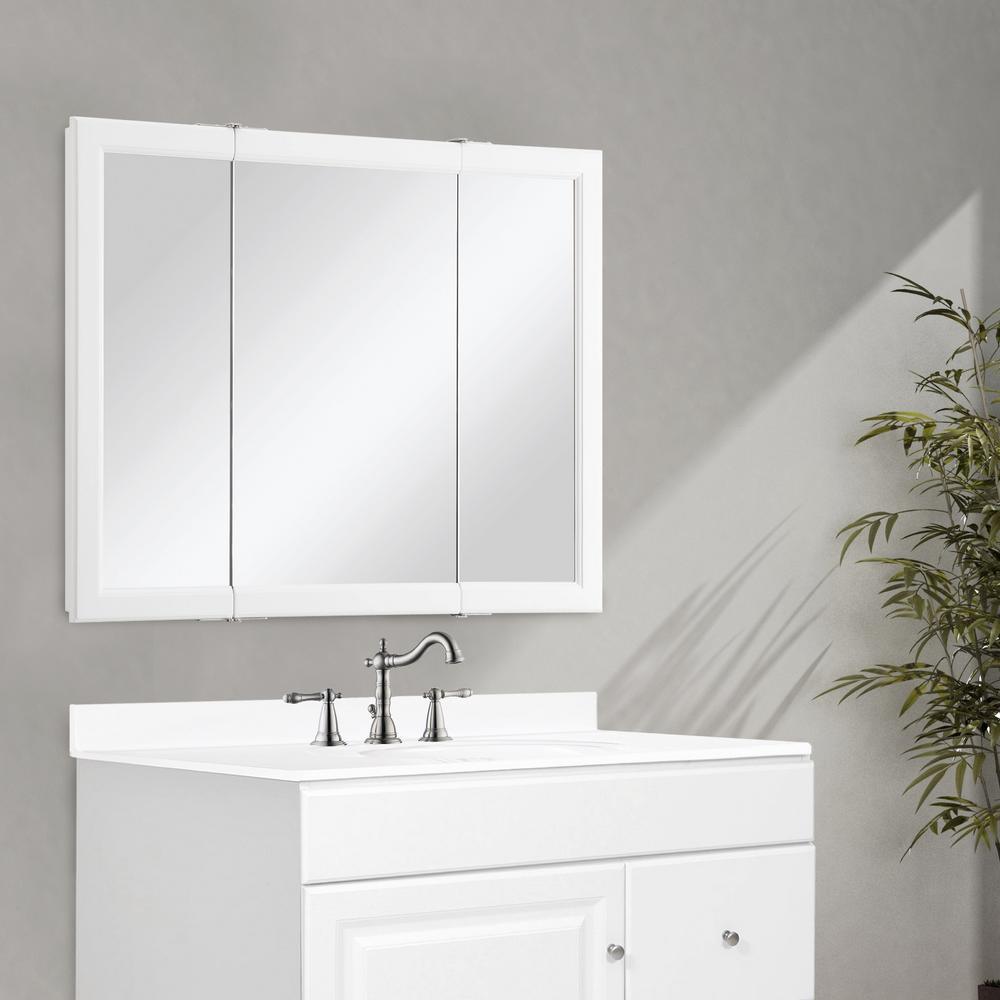 Wyndham 36 in. W x 30 in. H x 4-3/4 in. D Framed Tri-View Surface-Mount Bathroom Medicine Cabinet in White Semi-Gloss
