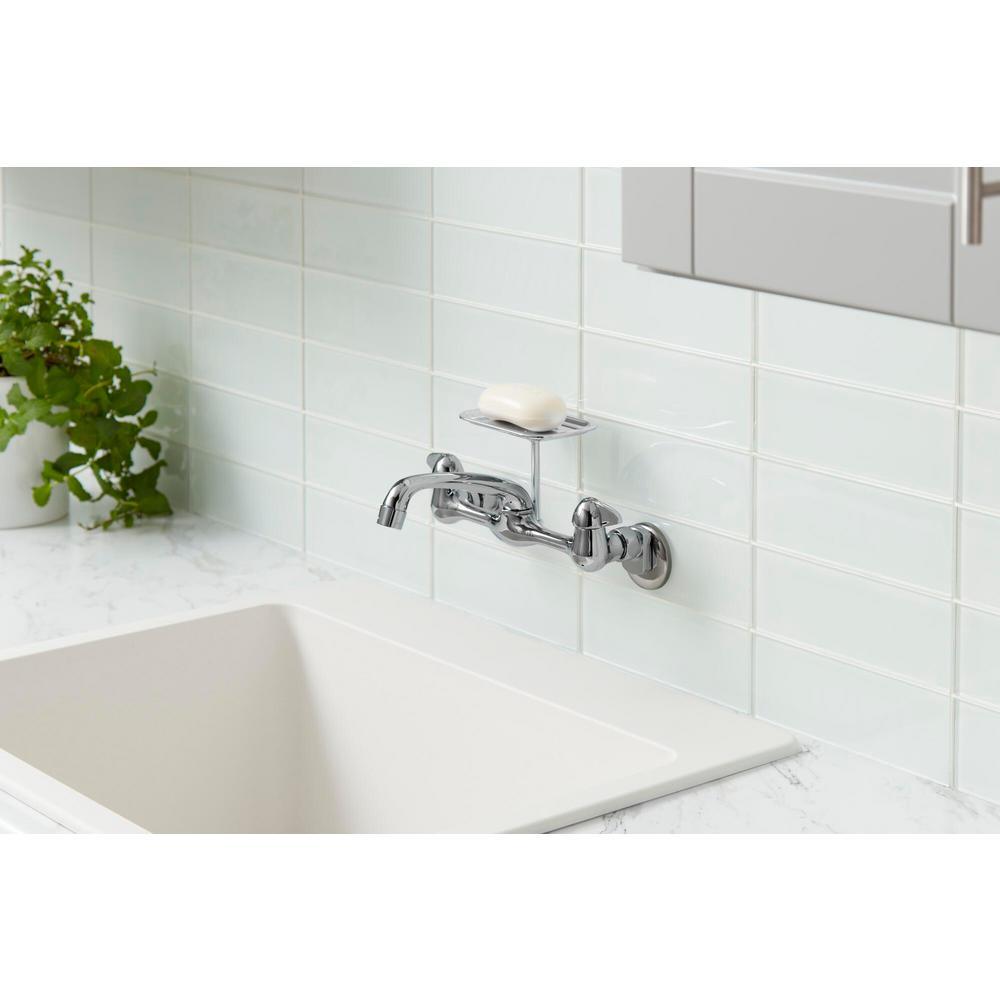 2-Handle Wall-Mount Kitchen Faucet with Soap Dish in Chrome - Super Arbor