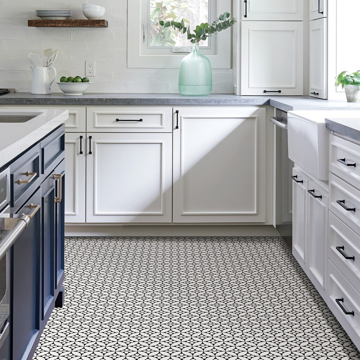 FloorPops Fleur Black & White 12-in x 12-in Peel and Stick Vinyl Floor Tiles, Water-Resistant, 20-sq ft Coverage