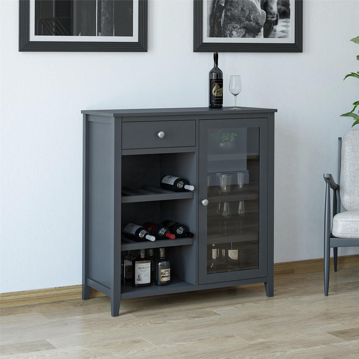 Ameriwood Home Tuxedo Contemporary/Modern Black Curio Cabinet with Wine Storage