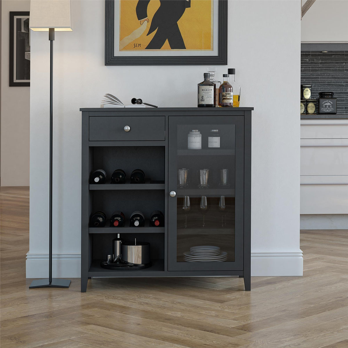 Ameriwood Home Tuxedo Contemporary/Modern Black Curio Cabinet with Wine Storage