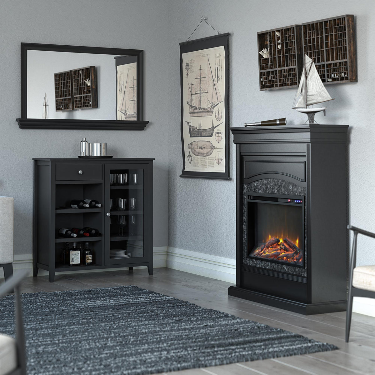 Ameriwood Home Tuxedo Contemporary/Modern Black Curio Cabinet with Wine Storage