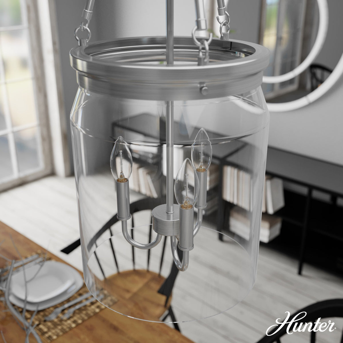 Hunter Devon Park 3-Light Brushed Nickel Transitional Clear Glass Urn LED Medium Hanging Pendant Light