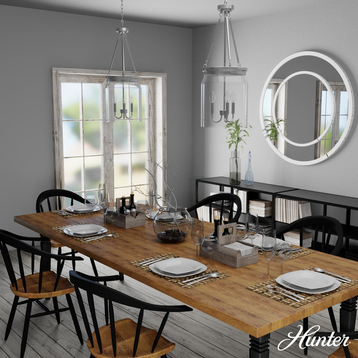 Hunter Devon Park 3-Light Brushed Nickel Transitional Clear Glass Urn LED Medium Hanging Pendant Light