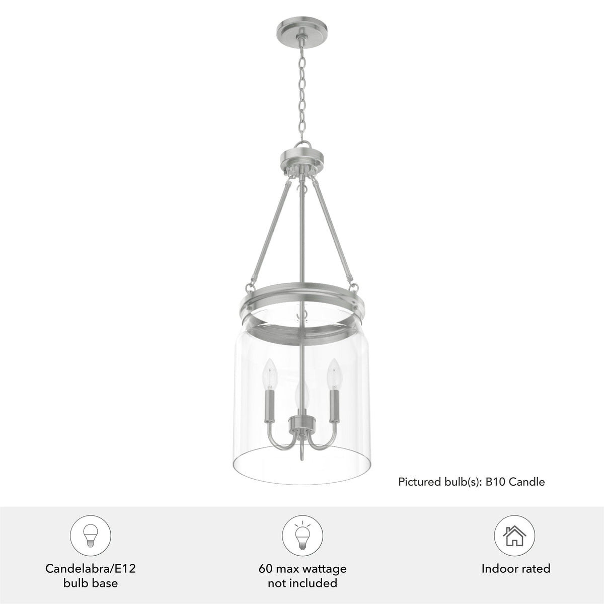 Hunter Devon Park 3-Light Brushed Nickel Transitional Clear Glass Urn LED Medium Hanging Pendant Light