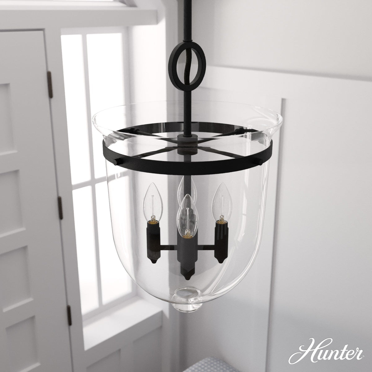 Hunter Belltown 4-Light Natural Iron Transitional Clear Glass Urn LED Medium Hanging Pendant Light
