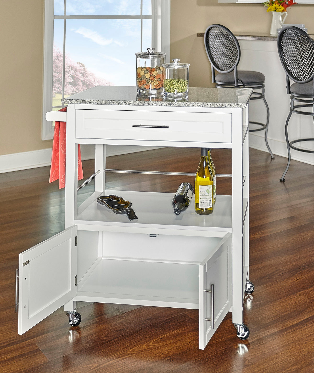 Linon White Wood Base with Granite Top Rolling Kitchen Cart (18-in x 33-in x 36-in)
