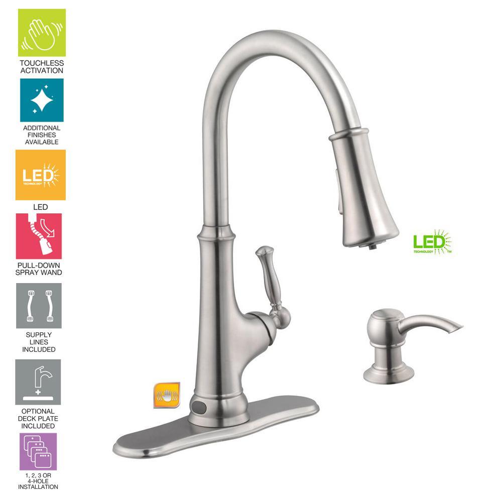 Touchless LED Single-Handle Pull-Down Sprayer Kitchen Faucet with Soap Dispenser in Stainless Steel - Super Arbor