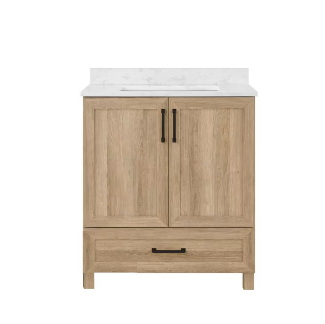 Glacier Bay Tobana 30 in. W x 19 in. D x 34 in. H Single Sink Bath Vanity in Weathered Tan with White Engineered Marble Top