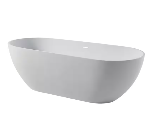 59 in. Stone Resin Flatbottom Solid Surface Freestanding Double Slipper Soaking Bathtub in White with Brass Drain