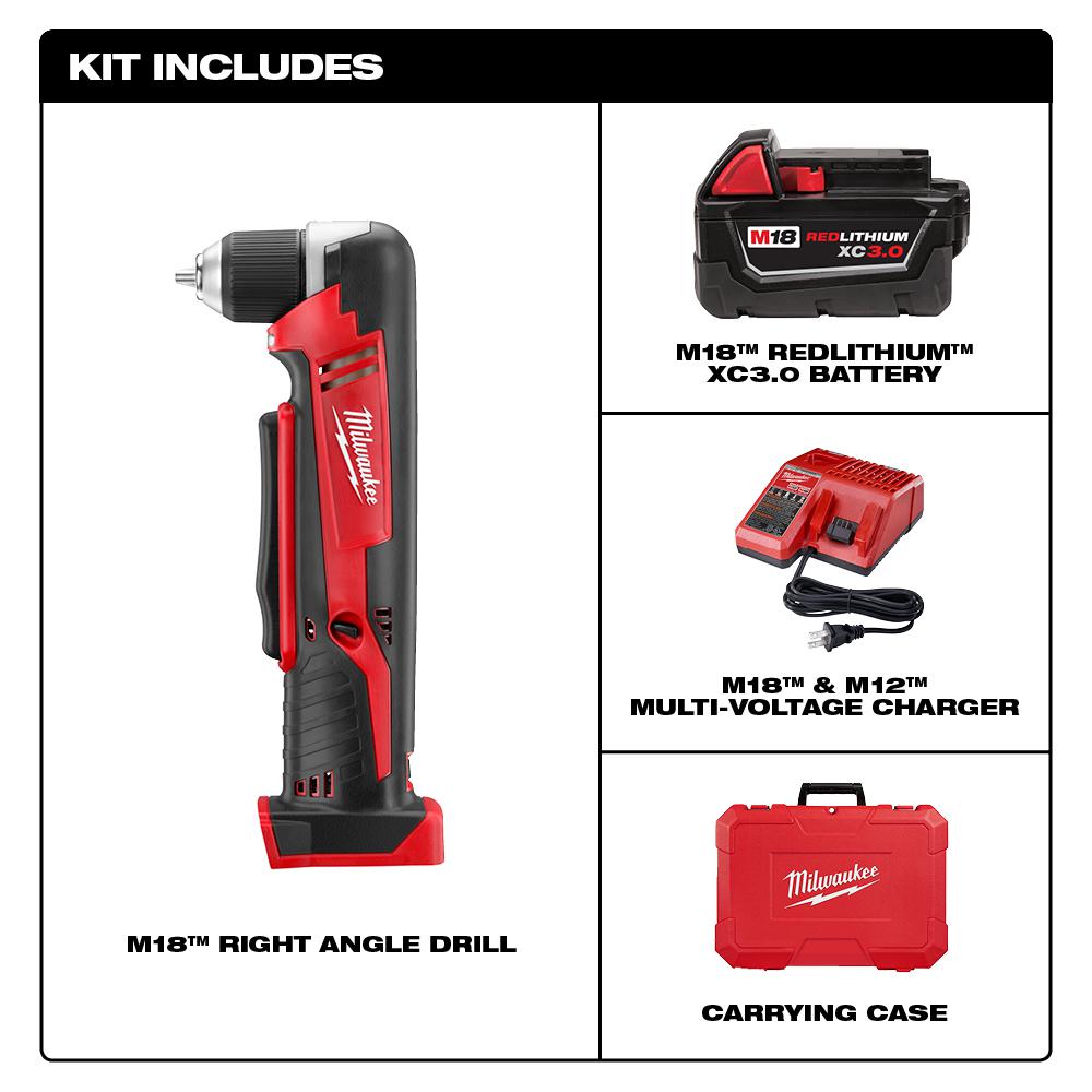 M18 18-Volt Lithium-Ion Cordless 3/8 in. Right Angle Drill Kit W/(1) 3.0Ah Batteries, Charger, Hard Case - Super Arbor