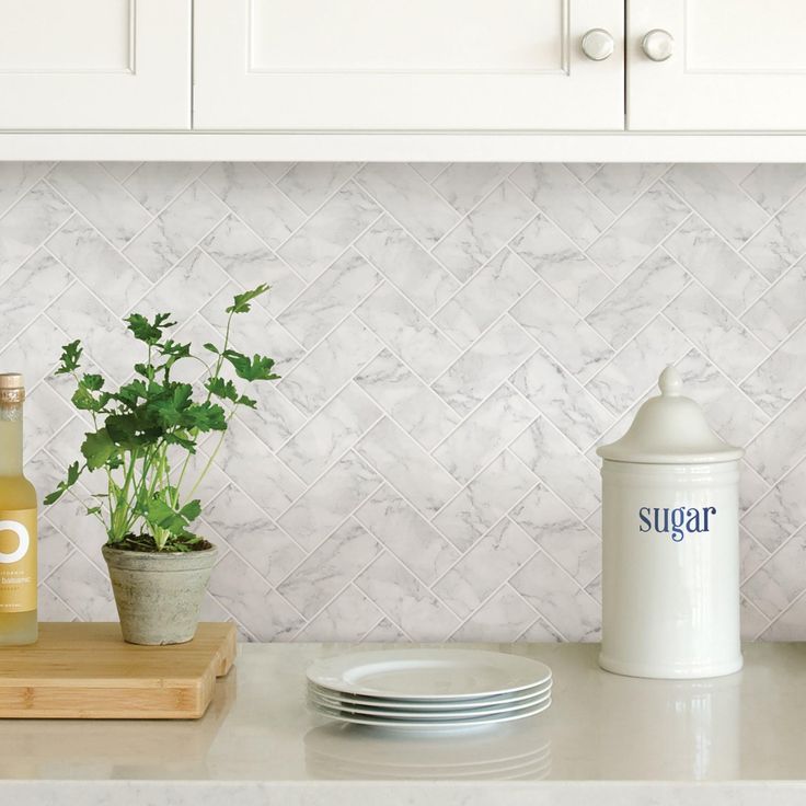 InHome Herringbone Carrara 10 in. x 10 in. Peel and Stick Resin Backsplash Tiles (4-Pack)