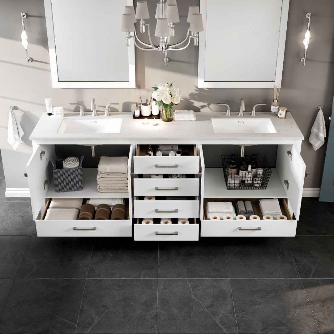 Eviva Frontier 84"W x 22"D White Double Sink Bathroom Vanity with White Carrara Marble Countertop and Undermount Porcelain Sinks
