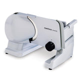 Premium Silver Electric Food Slicer with Tilted Food Carriage High Torque Motor Gear Drive with Stainless Steel Blade