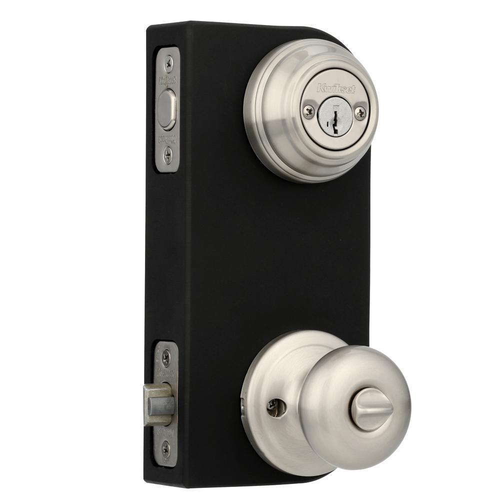 Juno Satin Nickel Exterior Entry Door Knob and Double Cylinder Deadbolt Combo Pack Featuring SmartKey Security - Super Arbor