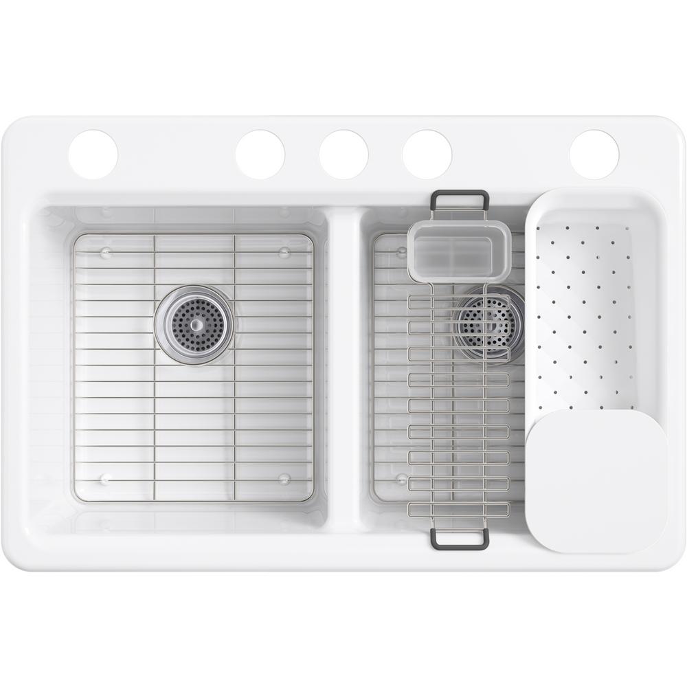 Riverby Workstation Undermount Cast Iron 33 in. 5-Hole Double Bowl Kitchen Sink Kit in White with Accessories - Super Arbor