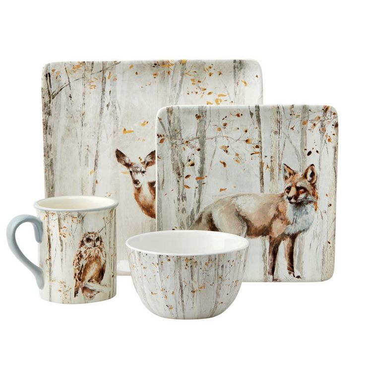 A Woodland Walk 16-Piece Country/Cottage Grey and Sepia Ceramic Dinnerware Set (Service for 4)