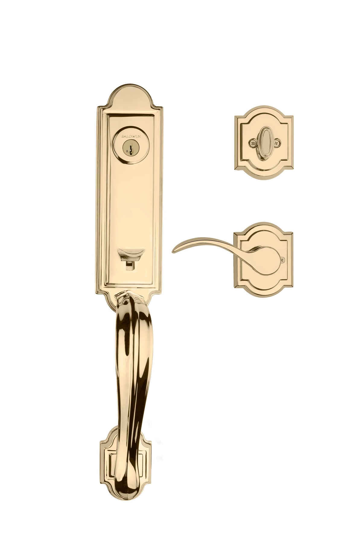 Kwikset Prestige Avendale Single-Cylinder Handleset with Arch Rose Tobin Lever, Lifetime Polished Brass, SmartKey Security