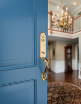 Kwikset Prestige Avendale Single-Cylinder Handleset with Arch Rose Tobin Lever, Lifetime Polished Brass, SmartKey Security