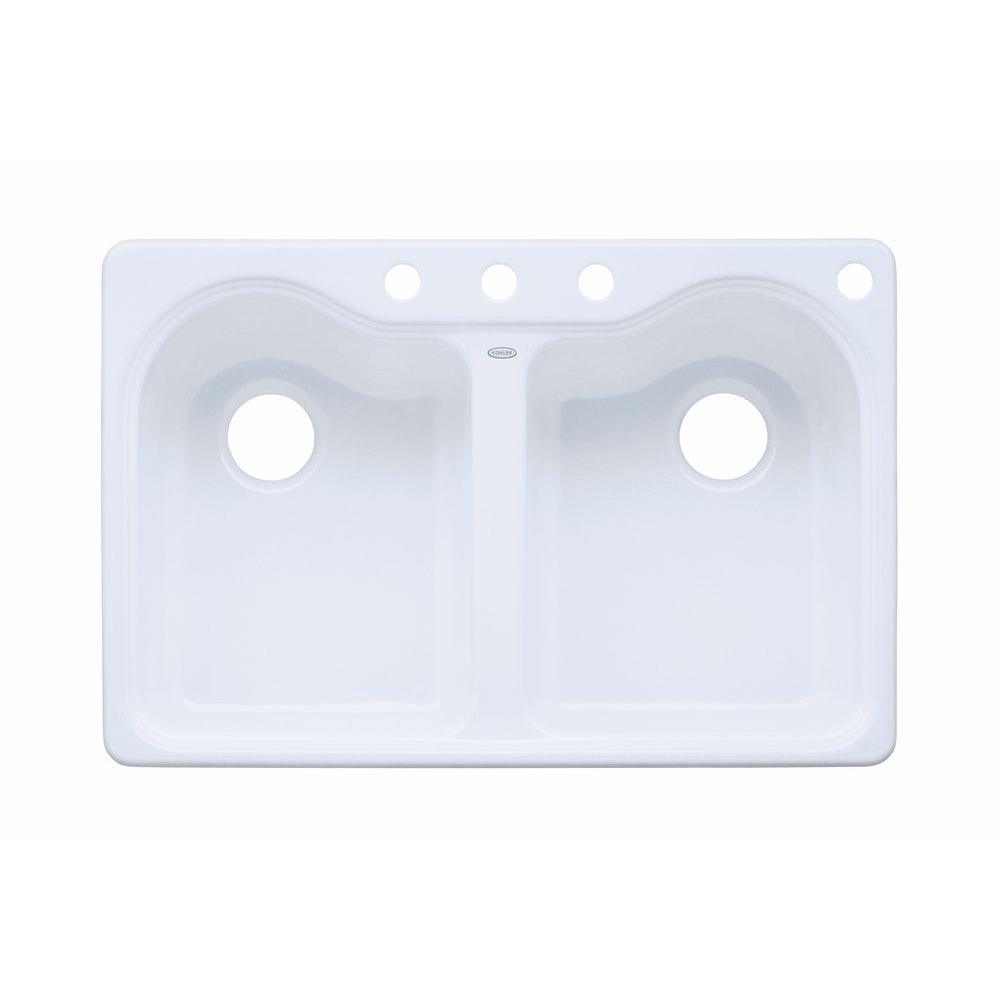 Hartland Drop-In Cast Iron 33 in. 4-Hole Double Bowl Kitchen Sink in Biscuit - Super Arbor