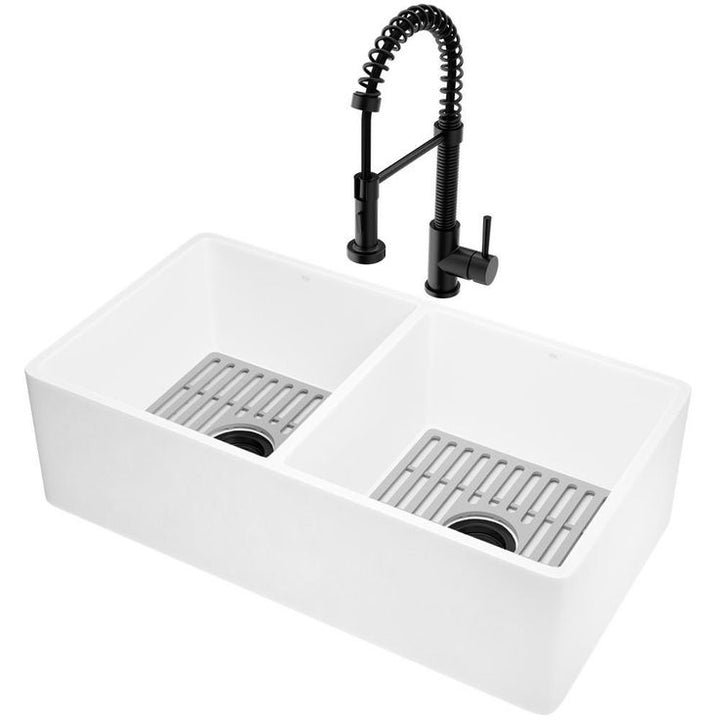 Matte Stone White Composite 36 in. Double Bowl Flat Farmhouse Kitchen Sink with Faucet in Black, Strainers and Grids