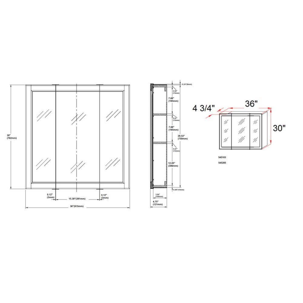 Wyndham 36 in. W x 30 in. H x 4-3/4 in. D Framed Tri-View Surface-Mount Bathroom Medicine Cabinet in White Semi-Gloss
