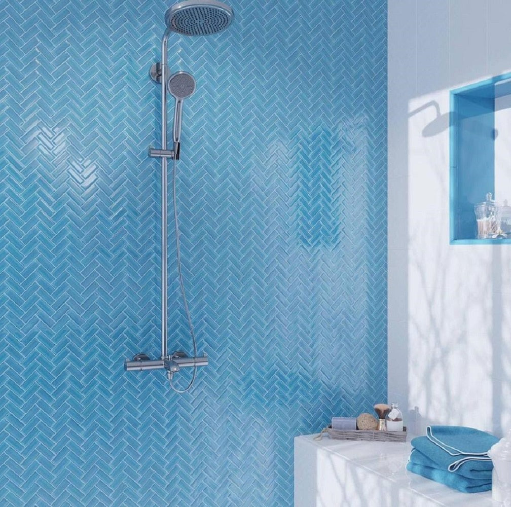 Apollo Tile (Sample) Colorway Sea Blue 4-in x 4-in Glossy Glass Herringbone Floor and Wall Tile