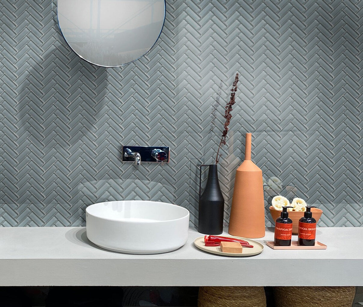 Apollo Tile (Sample) Colorway Slate Gray 4-in x 4-in Glossy Glass Herringbone Floor and Wall Tile