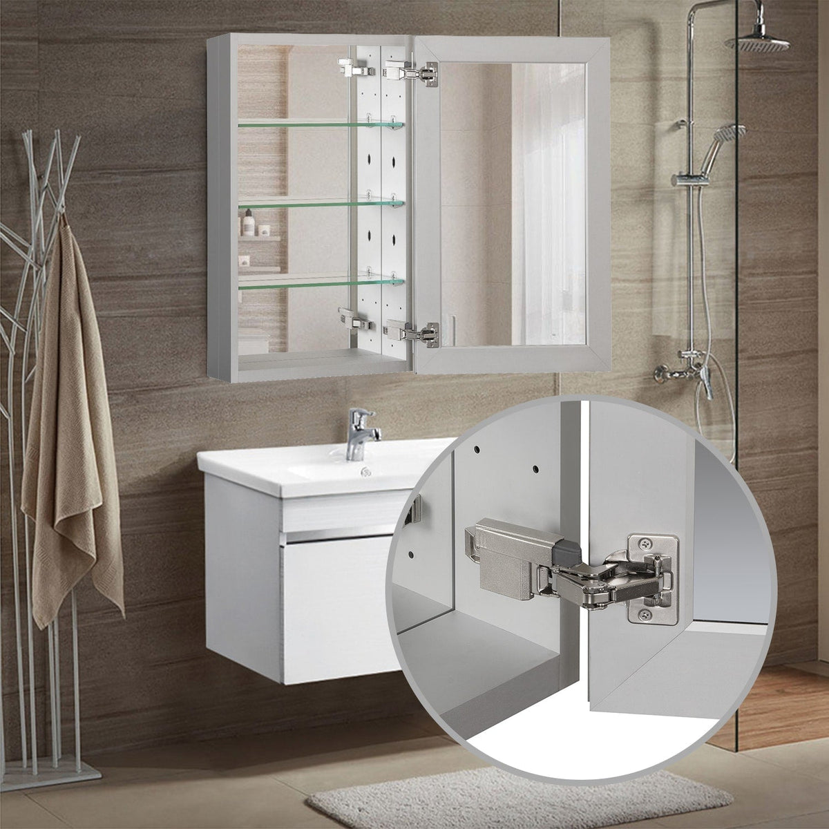 WELLFOR KAIF 19-in x 30-in Surface/Recessed Mount Aluminum Mirrored Soft Close Medicine Cabinet