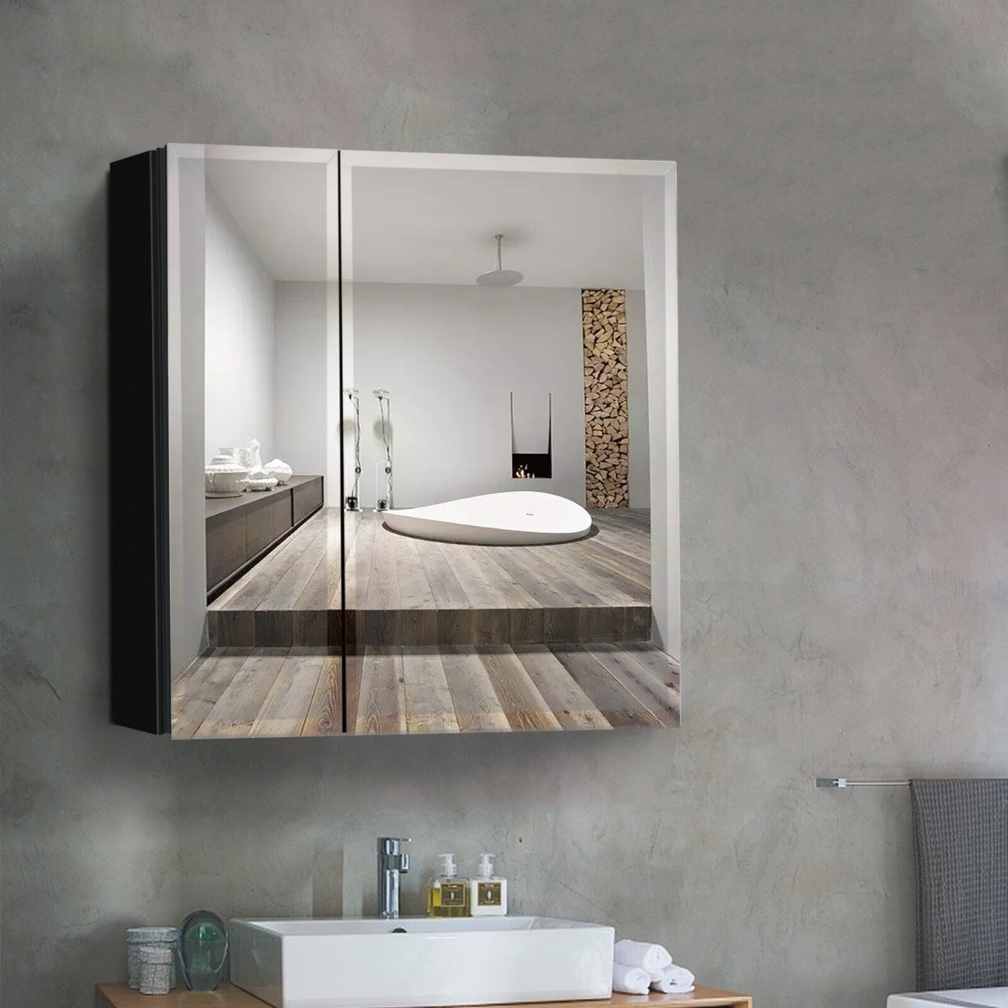 WELLFOR KAIF 30-in x 26-in Surface/Recessed Mount Black Mirrored Soft Close Medicine Cabinet