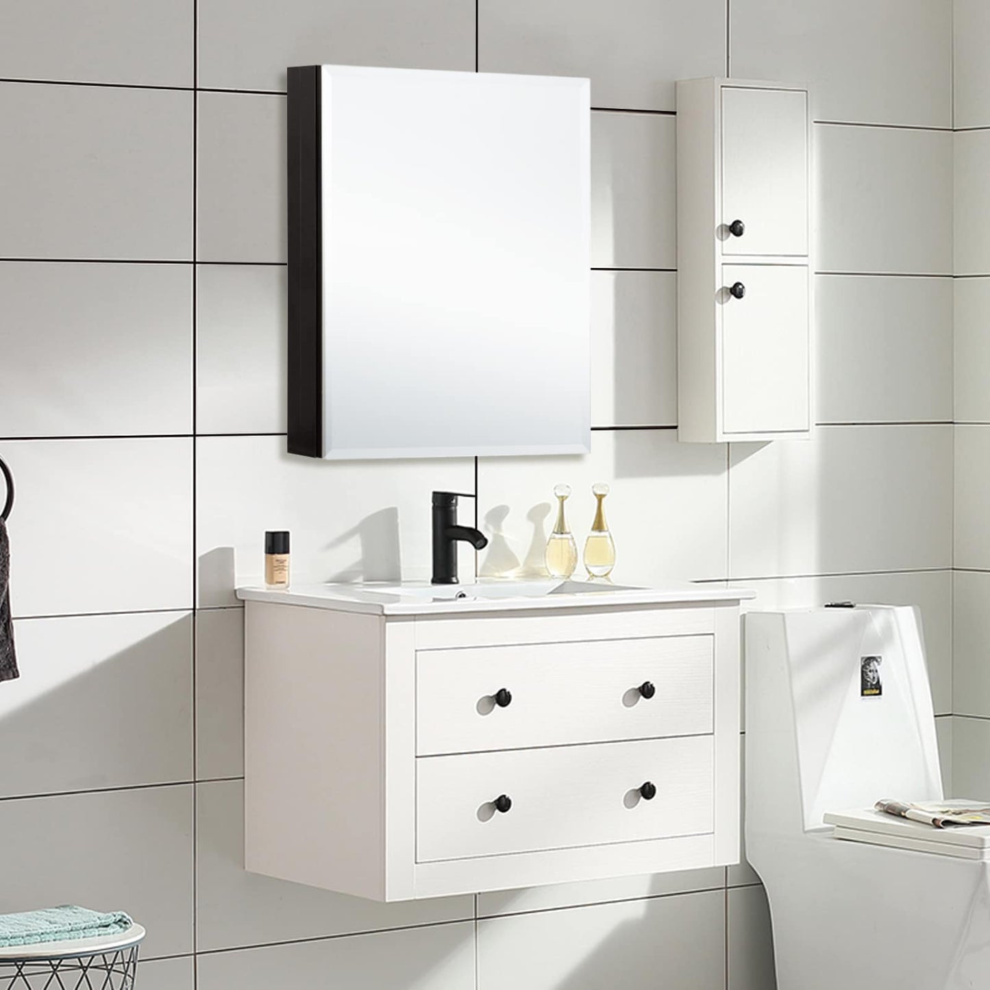 WELLFOR KAIF 23-in x 30-in Surface/Recessed Mount Black Mirrored Soft Close Medicine Cabinet