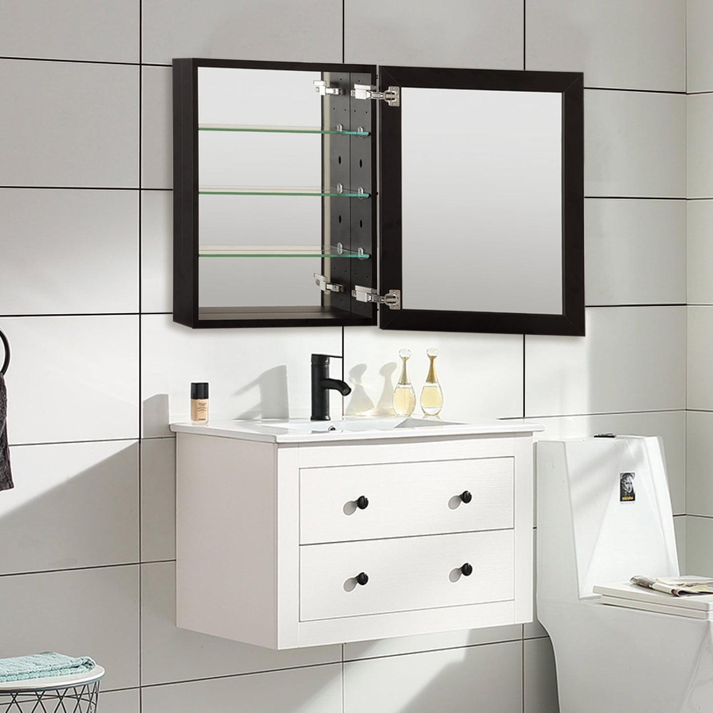 WELLFOR KAIF 23-in x 30-in Surface/Recessed Mount Black Mirrored Soft Close Medicine Cabinet