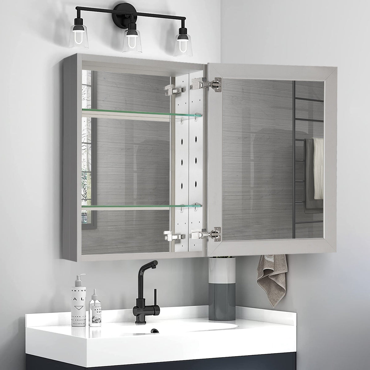 WELLFOR KAIF 16-in x 20-in Surface/Recessed Mount Aluminum Mirrored Soft Close Medicine Cabinet