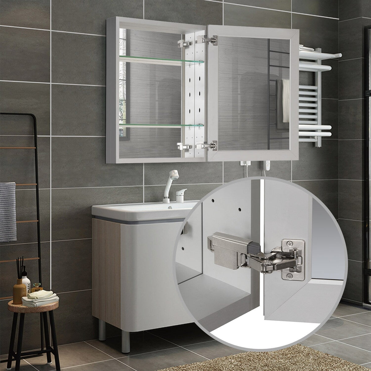 WELLFOR KAIF 16-in x 20-in Surface/Recessed Mount Aluminum Mirrored Soft Close Medicine Cabinet