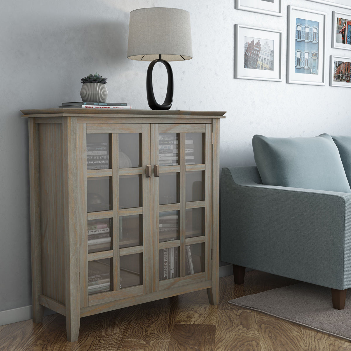 Simpli Home Artisan Distressed Grey Transitional Wood Media Cabinet