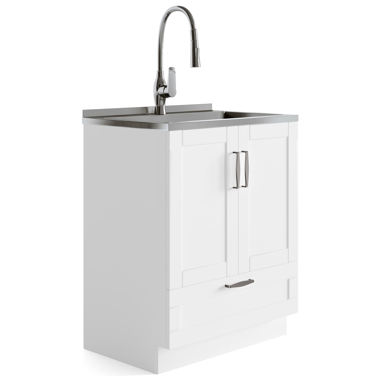 Simpli Home Reed Freestanding Laundry Sink with Cabinet, Drain, and Faucet