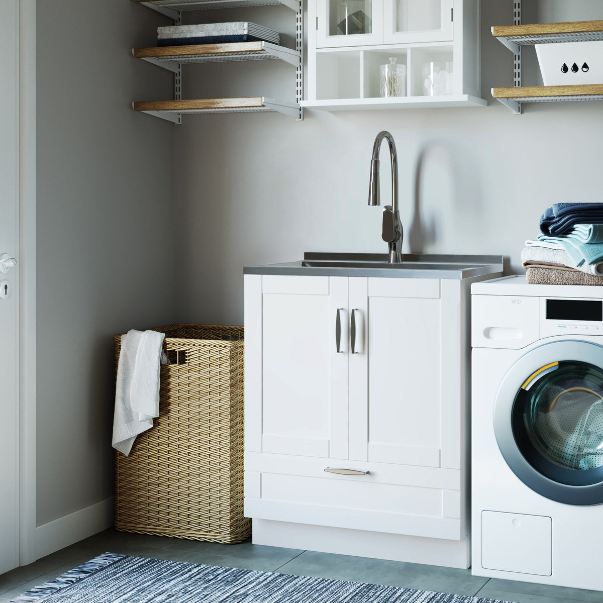 Simpli Home Reed Freestanding Laundry Sink with Cabinet, Drain, and Faucet