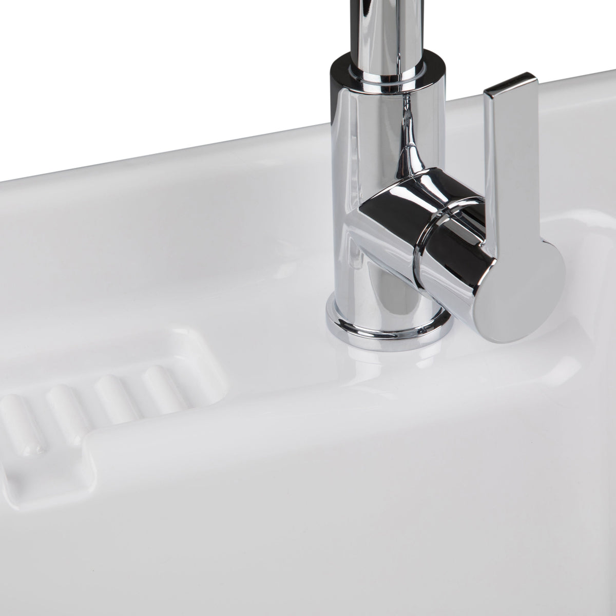 Simpli Home Maile Freestanding Pure White Laundry Sink with Cabinet, Drain, and Faucet