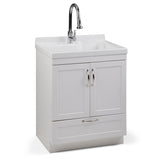 Simpli Home Maile Freestanding Pure White Laundry Sink with Cabinet, Drain, and Faucet