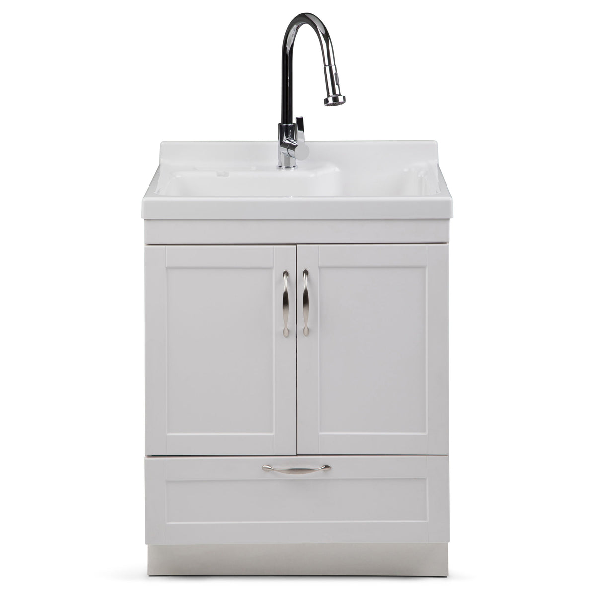 Simpli Home Maile Freestanding Pure White Laundry Sink with Cabinet, Drain, and Faucet