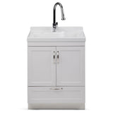 Simpli Home Maile Freestanding Pure White Laundry Sink with Cabinet, Drain, and Faucet