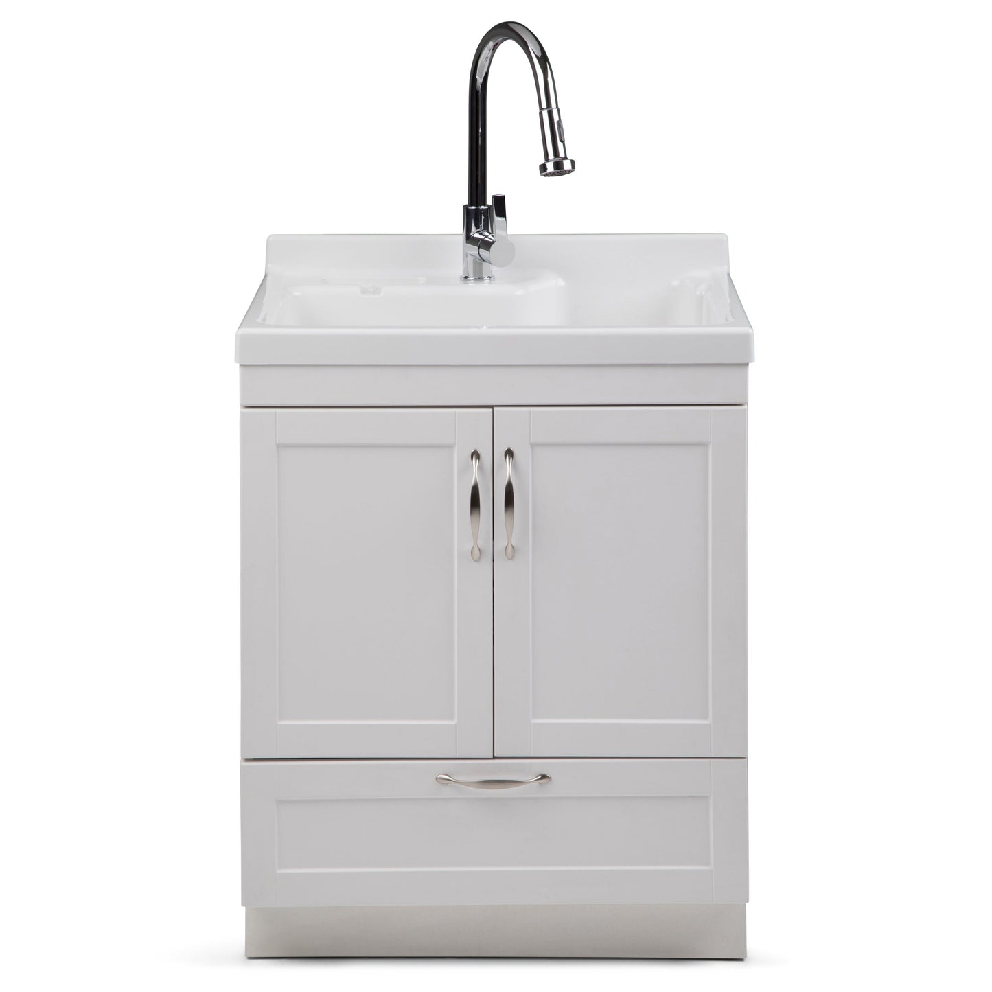 Simpli Home Maile 28" Freestanding Pure White Laundry Sink with Cabinet and Faucet