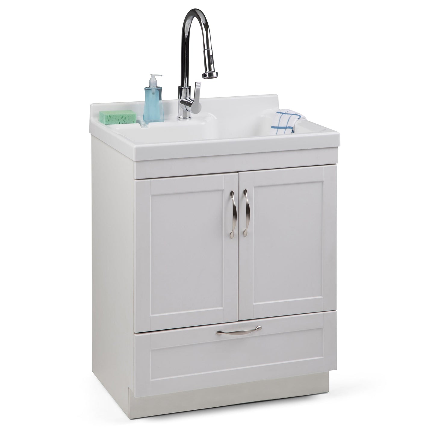 Simpli Home Maile 28" Freestanding Pure White Laundry Sink with Cabinet and Faucet