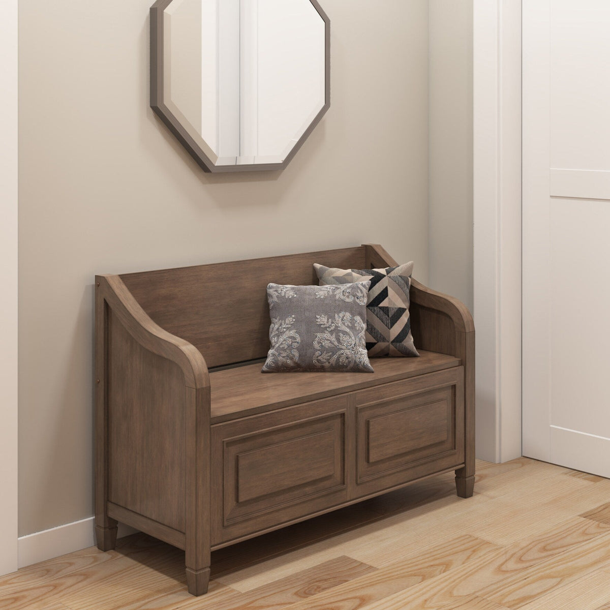 Simpli Home Connaught Midcentury Rustic Natural Aged Brown Storage Bench with Storage 42-in x 18-in x 11.61-in
